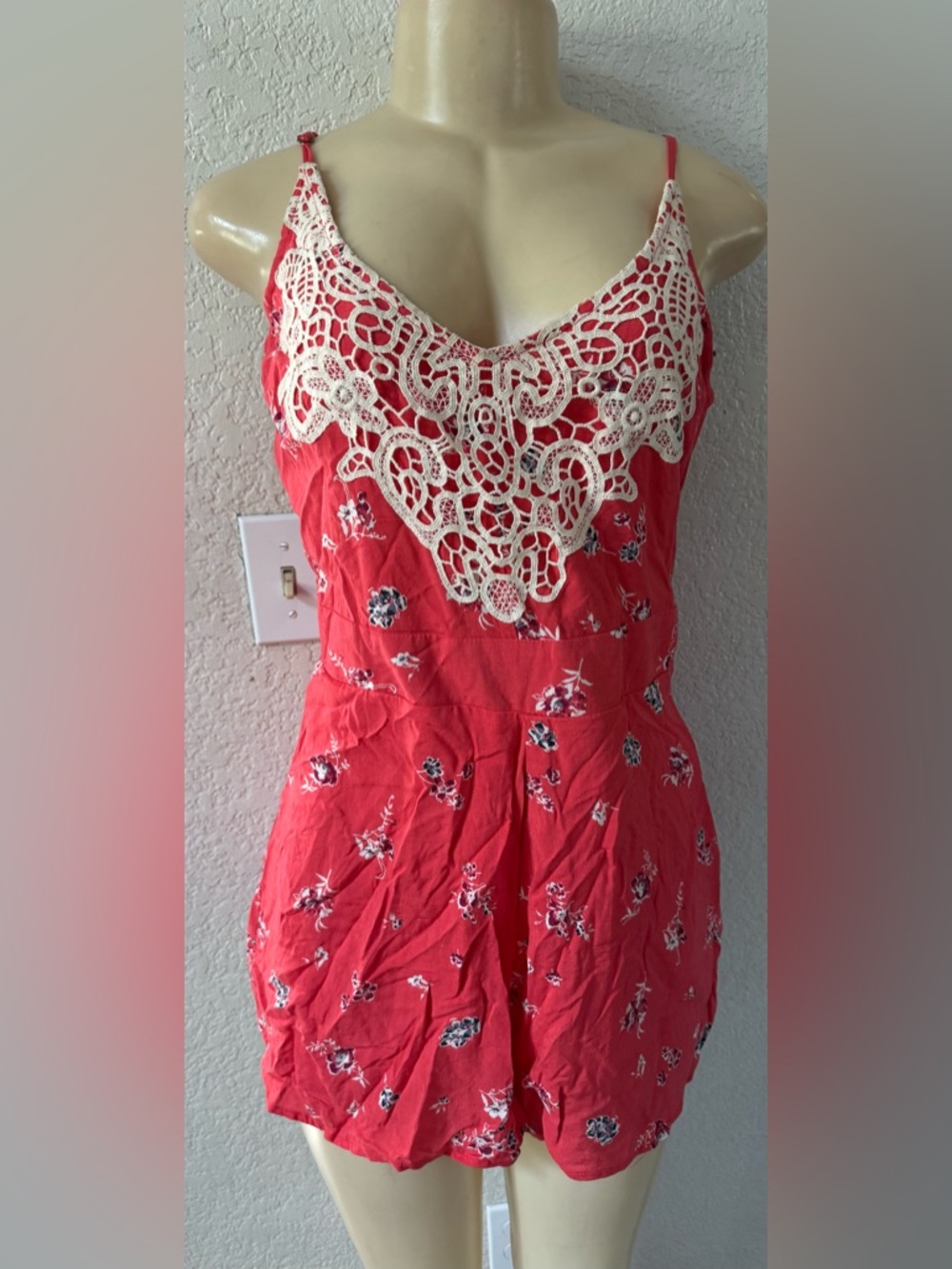 Xhilaration Coral Red Floral Crochet-Trim Romper/jumpsuit sexy